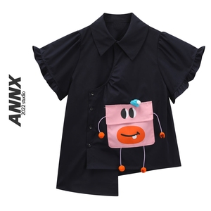 ANNX2024创意趣味卡通口袋饰短袖衬衫女夏季新设计感韩系甜美上衣