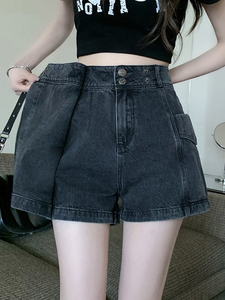 高腰不规则牛仔短裤女夏季新款梨型身材设计感裙裤黑灰色短款裤子