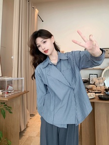 设计感韩版条纹衬衫上衣女士2024年早秋新款法式宽松长袖女装衬衣