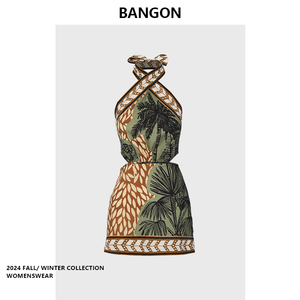 BANGON 复古挂脖连衣裙短款海边度假风2024年夏季新款设计感裙子
