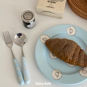 韩国ins浮雕蓝色小羊餐具家用下午茶甜品盘创意可爱饭碗叉勺套装