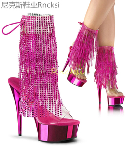 透明粉色细跟靴超高跟新款短靴圆头靴套筒时装女低筒靴弹力短筒靴