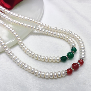 珍珠项链8-9mm强光白色扁圆天然淡水真珠女 三颗绿玛瑙送妈妈婆婆