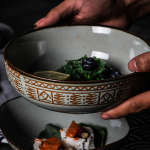 日韩古朴素雅手绘陶土碗纯手工古朴素雅陶器餐具平底碗 大碗粗陶