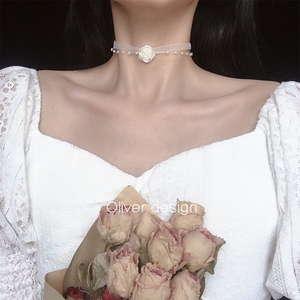 法式白色玫瑰花珍珠choker锁骨链网纱蕾丝双层项链丝带项圈颈带仙