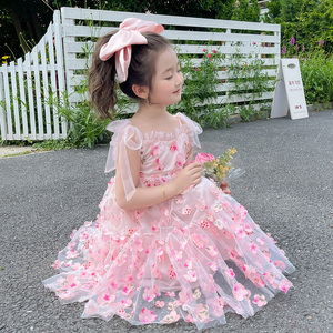女童夏季吊带公主裙2024新款儿童连衣裙韩版洋气碎花蛋糕无袖纱裙