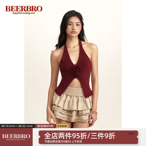 BeerBro 美式复古挂脖开叉辣妹低胸立体玫瑰花毛织背心吊带上衣