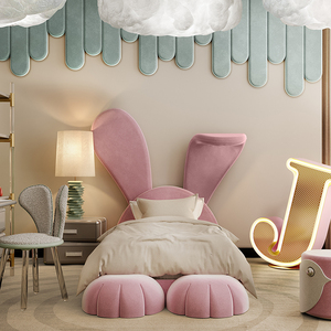 意式现代简约兔子儿童绒布床欧式卡通创意ins粉色公主女孩软包床