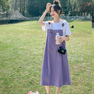 紫色背带裙夏季女2024新款韩版宽松俏皮可爱减龄A字连衣裙子套装