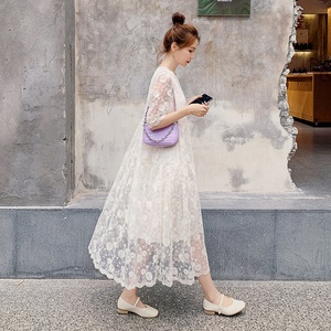 欧根纱连衣裙女2024夏季新款蕾丝高级感长裙重工仙气法式假两套装