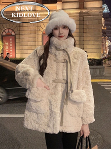 日本代购高级感超好看羊毛羔外套女冬中长款宽松加绒加厚皮草棉服