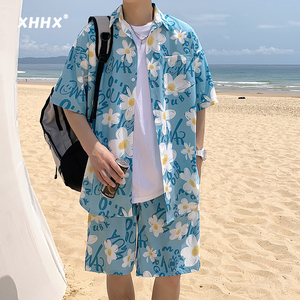 夏威夷冰丝花衬衫休闲沙滩套装男士夏装潮牌海边度假穿搭短袖短裤