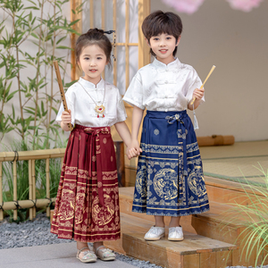 男女童装唐装夏季马面裙套装2024六一中国风新中式两件套表演服装