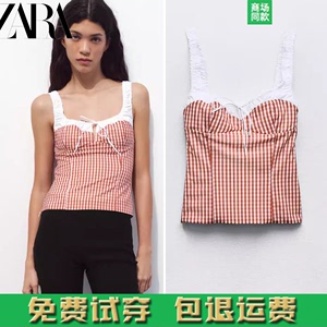 ZARA KISS 夏季新品女装短款小格纹拼接上衣吊带背心 2854207 087