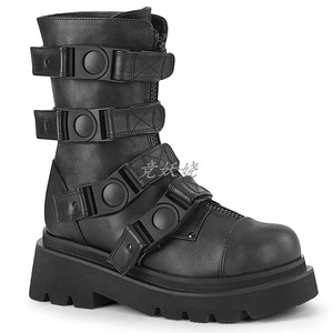 美国代购Pleaser/Demonia6.5cm黑色哑光塑料扣带中筒靴前拉链女靴