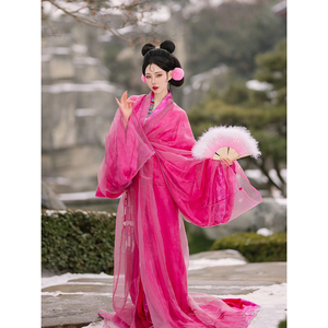 粉红色仙气战国袍汉服女2024新款古装直裾拖尾古典舞蹈古风演出服