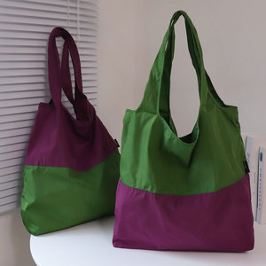 便携购物袋可折叠时尚潮流双拼纯色手提尼龙休闲环保袋超市买菜包