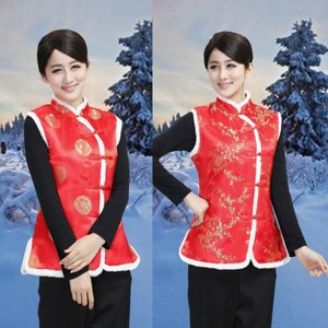 喜庆2021年中国风女马夹唐装上衣背心秋冬茶服走秀演出服马甲大红