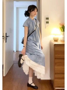 大码胖mm新中式国风蓝色连衣裙女夏季两件套高级感旗袍长裙套装裙