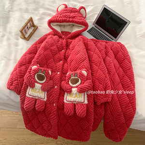 草莓熊冬季三层夹棉睡袍女加厚保暖连帽卡通中长款棉袄睡衣可外穿