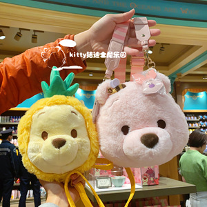 上海迪士尼国内代购粉色樱花维尼熊斜挎包毛绒菠萝头噗噗零钱包包