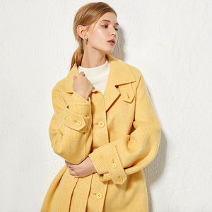 柠檬黄色双面羊绒大衣女秋冬新款全羊毛格子中长款赫本风毛呢外套