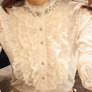韩国秋冬装镂空立领蕾丝衫女长袖胖妹妹加绒加厚衬衫打底衫上衣