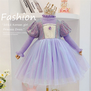 女童紫色毛衣公主裙加绒加厚纱裙子秋冬季韩国儿童装连衣裙小女孩