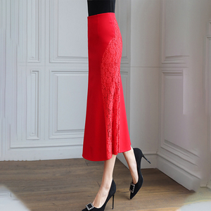 高腰包臀蕾丝鱼尾裙修身显瘦半身裙不对称荷叶边大摆裙红色长裙女