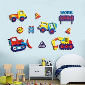 卡通工程车3d立体亚克力墙贴儿童房卧室床头幼儿园背景装饰墙贴画