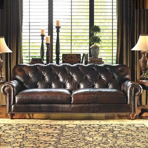 头层牛皮美式软包沙发油蜡皮轻奢高背直排棕色复古客厅小户型沙发