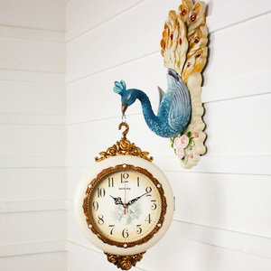 欧式孔雀双面挂钟静音挂表 艺术装饰壁挂客厅钟表创意个性时钟大