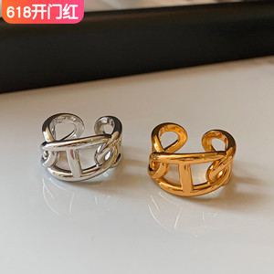 欧美简约金银色猪鼻子开口戒指女可调节小众设计高级独特金属指环