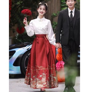 新中式国风改良汉服红色马面裙套装女春夏大码高级感回门敬酒裙子