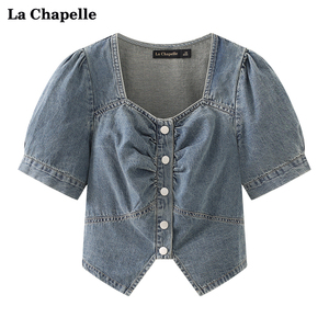 拉夏贝尔/La Chapelle方领褶皱短袖牛仔衬衫女韩版设计感衬衣小衫