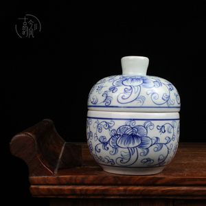 中式青花瓷釉下彩缠枝莲盖罐茶罐陶瓷茶缸旅行储茶罐内部施釉