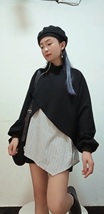 欧货新款中长款卫衣女韩版时尚休闲个性黑色上衣假两件半高领外套
