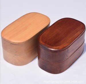 新款日式整木挖制圆角双层实木饭盒寿司便当盒两层带格学生白领