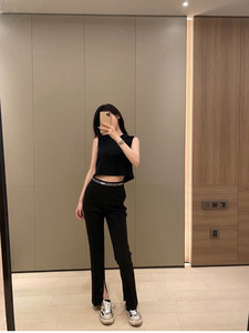 大王家2023新款夏季女装时尚垂感修身显瘦开叉高腰黑色休闲裤子潮