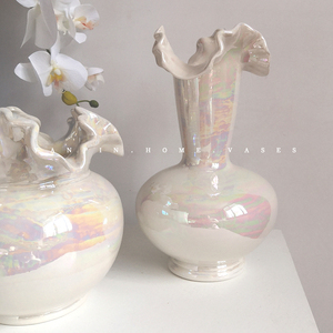 创意荷叶边设计款镀彩珠光陶瓷花瓶客厅居家卧室房间插花装饰摆件