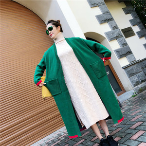 丹尚韩版宽松女装秋冬新款大码针织开衫绿长袖黑加厚长款毛衣外套