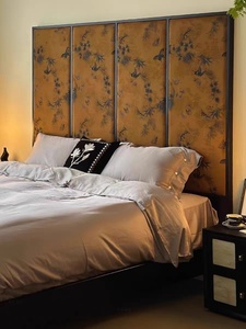 秋野画屏床 法式复古实木床1.8米香云纱软包床新中式红橡木双人床