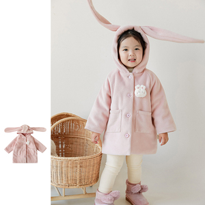 儿童风衣外套女童冬季加厚夹棉长款粉色可爱兔耳朵连帽小童潮大衣