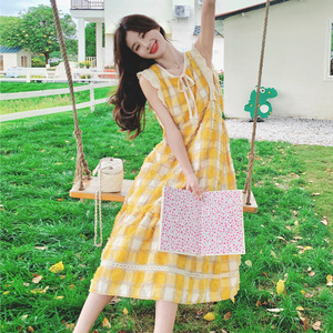 黄色格子无袖背心连衣裙女2024夏季新款韩系少女感减龄度假风长裙