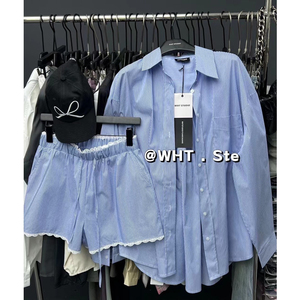 WHT时尚休闲套装女新款慵懒风防晒条纹衬衫+蕾丝拼接短裤两件套