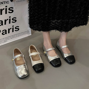 法式银色小香风玛丽珍单鞋女2024年新款浅口平底百搭配裙子小皮鞋