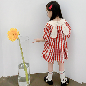TWOSYA原创童装 夏季 复古红色格子 兔耳朵领 女童短袖连衣裙