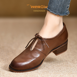 WENQIU~超软牛皮女鞋4厘米粗跟圆头深口单鞋2024春新款中跟小皮鞋