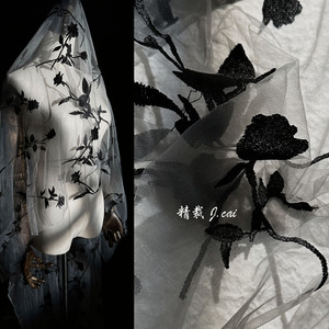 黑玫瑰刺绣 灰色透视网纱布料 连衣裙子复古风汉服装设计师面料