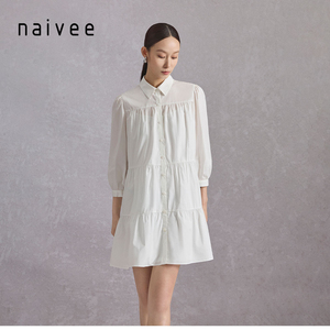 naivee纳薇2022春季通勤气质知性法式时尚棉感白衬衫裙娃娃连衣裙